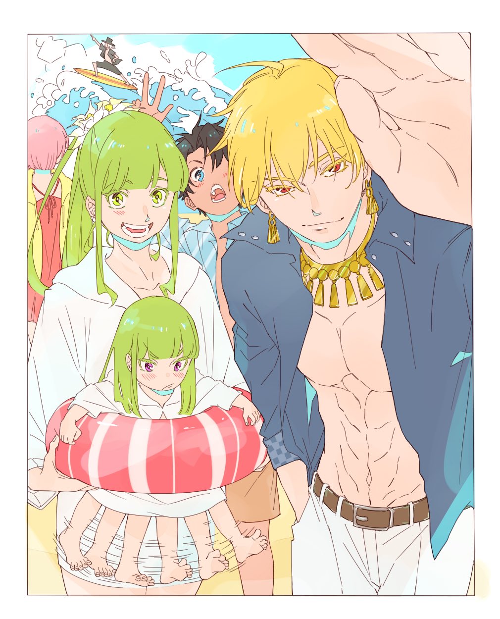 1girl 4boys abs black_hair blonde_hair blue_eyes colored_eyelashes edmond_dantes_(fate/grand_order) enkidu_(fate/strange_fake) establishment_(fate/grand_order) fate/grand_order fate_(series) flower fujimaru_ritsuka_(male) gilgamesh gilgamesh_(caster)_(fate) green_hair hair_flower hair_ornament hawaiian_shirt high_ponytail highres innertube kingu_(fate) looking_at_another male_focus mash_kyrielight multiple_boys open_clothes pants photo red_eyes shirt surfboard surfing swimsuit tan tassel tropical_summer violet_eyes water waves white_pants yp_(yuppenta2)