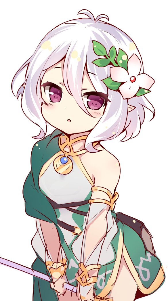1girl baku-p bare_shoulders bracelet flower hair_flower hair_ornament head_tilt holding holding_weapon jewelry kokkoro_(princess_connect!) looking_at_viewer princess_connect! princess_connect!_re:dive strap tagme thighs violet_eyes weapon white_background white_hair