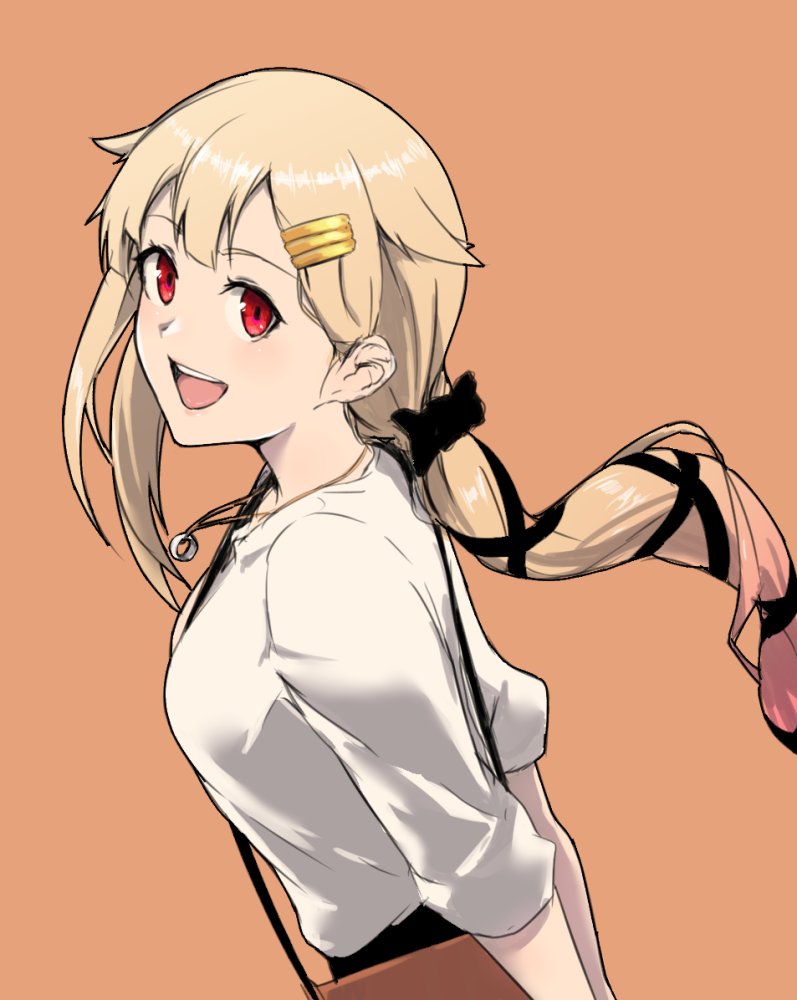 1girl alternate_costume alternate_hairstyle bag bangs blonde_hair blush breasts from_side gradient_hair hair_flaps hair_ornament hair_ribbon hairclip jewelry kantai_collection long_hair medium_breasts multicolored_hair necklace open_mouth orange_background red_eyes remodel_(kantai_collection) ribbon shirt shoulder_bag simple_background solo tsukira_(amayadori) yuudachi_(kantai_collection)