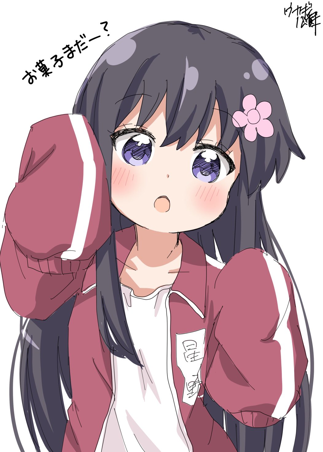1girl bangs black_hair blue_eyes blush borrowed_garments child commentary_request eyebrows_visible_through_hair facing_viewer flower hair_between_eyes hair_flower hair_ornament hands_up highres jacket long_hair long_sleeves looking_at_viewer open_clothes open_jacket open_mouth oversized_clothes pink_flower shirosaki_hana shirt signature simple_background sketch sleeves_past_fingers sleeves_past_wrists solo track_jacket track_suit translated upper_body usagi_koushaku watashi_ni_tenshi_ga_maiorita! white_background white_shirt