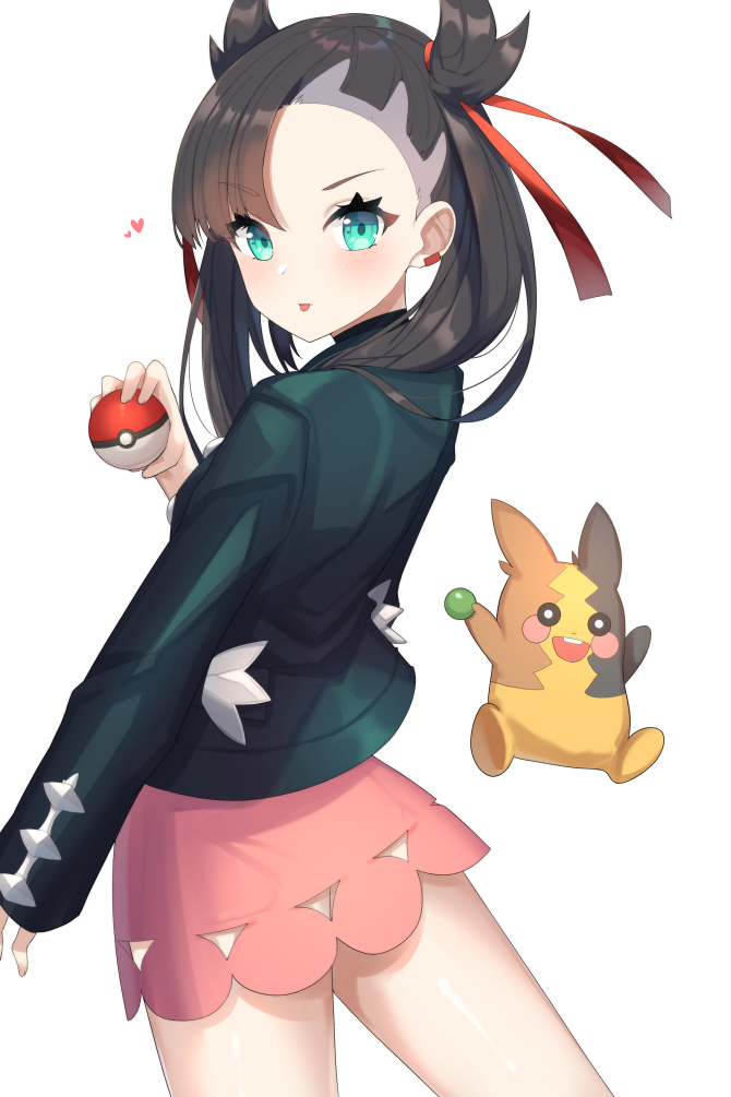 1girl bangs black_hair black_jacket closed_mouth dress earrings eyebrows_visible_through_hair gen_8_pokemon green_eyes hair_ribbon hand_up holding holding_poke_ball jacket jewelry long_hair long_sleeves looking_at_viewer looking_to_the_side mary_(pokemon) morpeko pink_dress poke_ball poke_ball_(generic) pokemon pokemon_(creature) pokemon_(game) pokemon_swsh red_ribbon ribbon simple_background tongue tongue_out twintails upper_teeth v-shaped_eyebrows w.k white_background