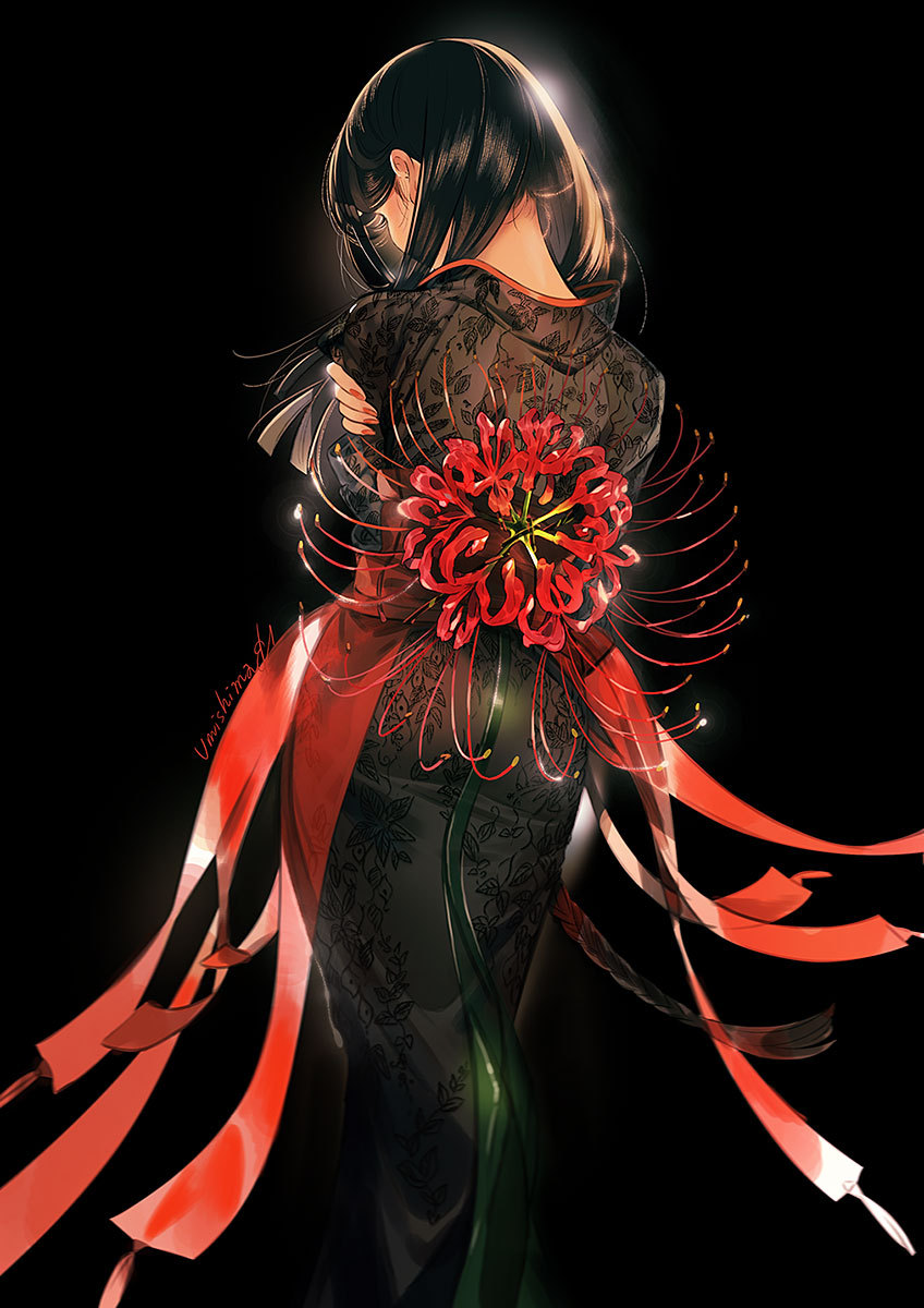 1girl black_background black_hair facing_away feet_out_of_frame flower from_behind hand_on_own_arm highres long_hair original oversized_flowers red_nails red_ribbon ribbon signature simple_background solo spider_lily umishima_senbon