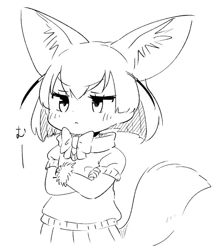 1girl :&lt; animal_ear_fluff animal_ears annoyed bangs blush bow closed_mouth crossed_arms dot_nose eyebrows_visible_through_hair fennec_(kemono_friends) fox_ears fox_tail from_side greyscale jitome kemono_friends looking_away monochrome onomatopoeia panzuban pleated_skirt scarf short_hair short_sleeves simple_background skirt solo sulking sweater tail upper_body v-shaped_eyebrows