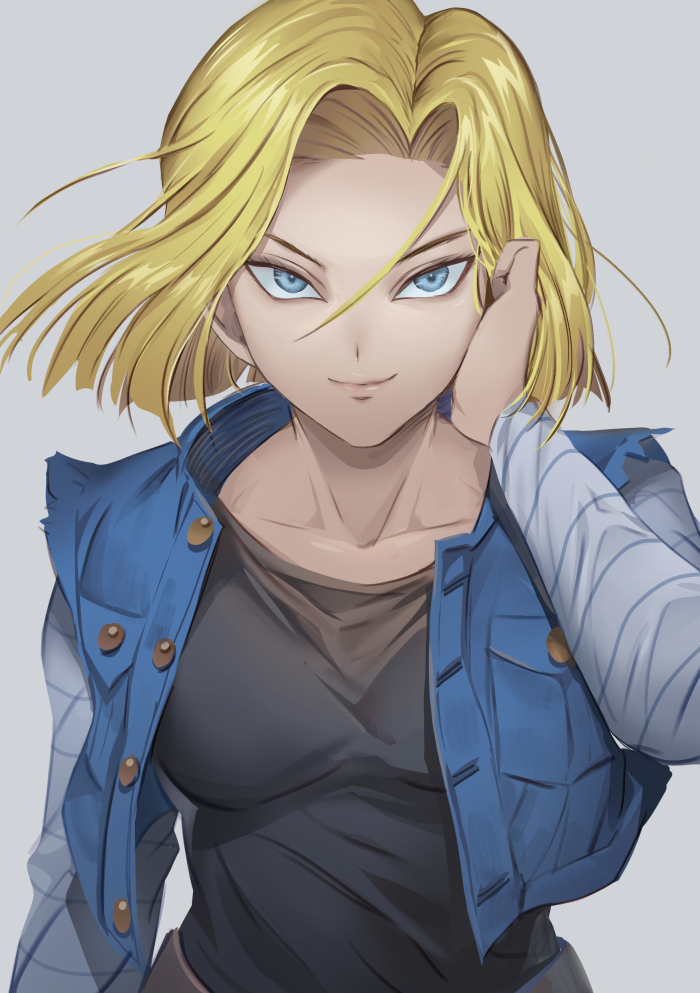 1girl android_18 arm_at_side black_shirt blonde_hair blue_eyes breast_pocket breasts buttons closed_mouth collarbone denim denim_jacket dragon_ball dragon_ball_z earrings floating_hair grey_background hand_in_hair hoop_earrings horizontal_stripes jewelry libeuo_(liveolivel) long_sleeves looking_at_viewer medium_breasts pocket shiny shiny_hair shirt short_hair simple_background smile solo straight_hair striped striped_sleeves upper_body waistcoat