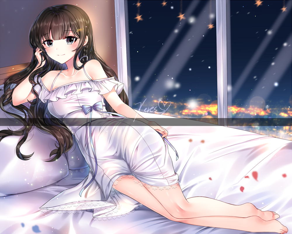 1girl bangs bare_shoulders barefoot bed black_hair blue_bow blurry blurry_background blush bow closed_mouth collarbone commentary_request commission depth_of_field dress eyebrows_visible_through_hair full_body grey_eyes hair_ornament hairclip heart indoors long_hair looking_at_viewer lying night night_sky off-shoulder_dress off_shoulder on_bed on_side original pillow signature sky smile snowing solo star very_long_hair white_dress xes_(xes_5377)