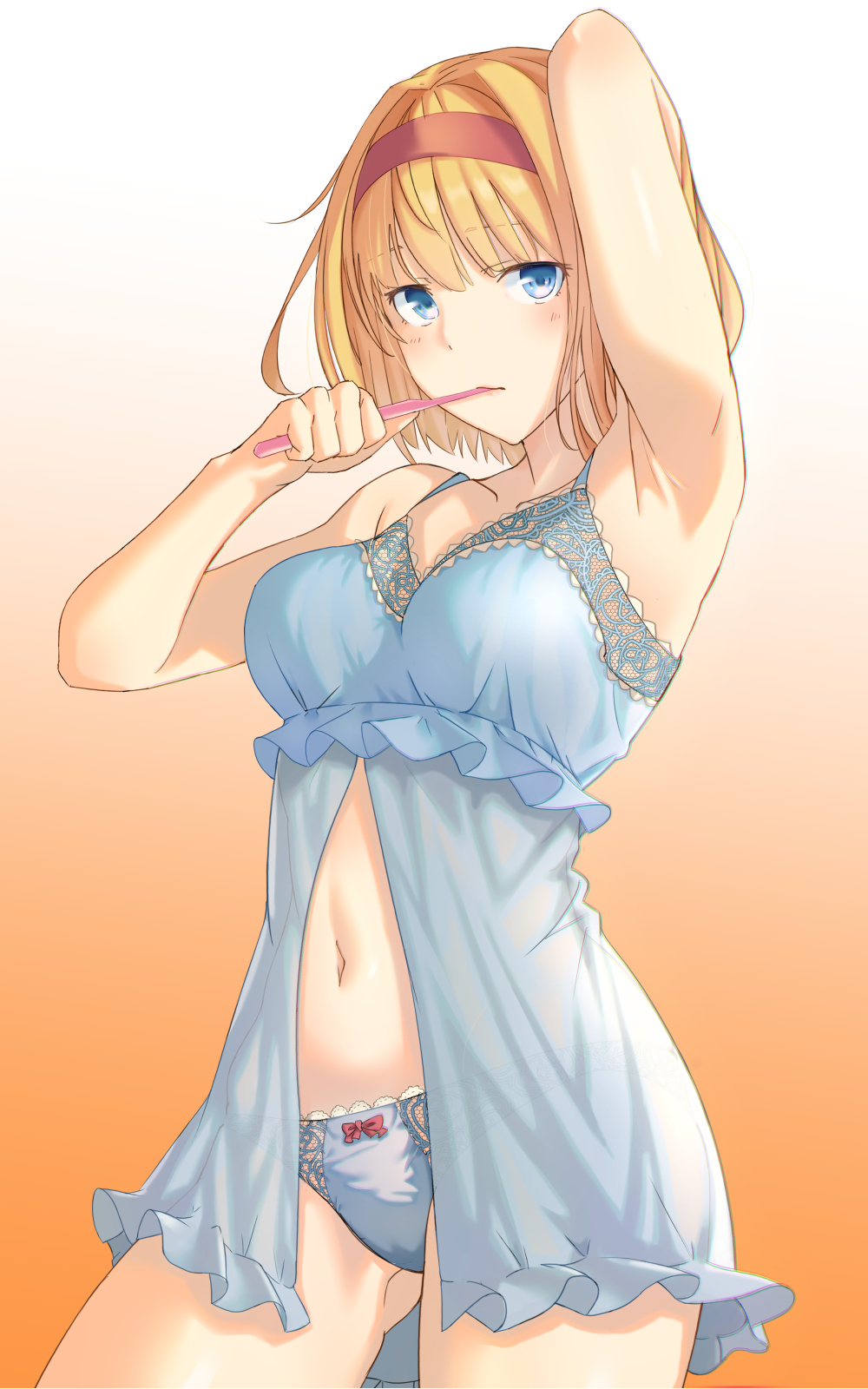 1girl alice_margatroid arm_up armpits ass_visible_through_thighs babydoll bangs bare_arms bare_shoulders blonde_hair blue_eyes blue_panties bow bow_panties breasts commentary_request cowboy_shot doitsuudon eyebrows_visible_through_hair gradient gradient_background hairband hand_up highres holding looking_at_viewer medium_breasts navel orange_background panties partial_commentary red_hairband short_hair solo spaghetti_strap standing toothbrush touhou underwear white_background