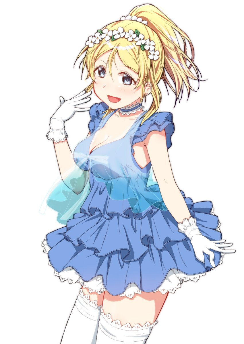 1girl ayase_eli bangs beads blonde_hair blue_choker blue_dress blue_eyes blush breasts choker commentary_request dress eyebrows_visible_through_hair flower frilled_choker frilled_dress frilled_legwear frills gloves hair_beads hair_flower hair_ornament hand_up highres looking_at_viewer love_live! love_live!_school_idol_project open_mouth ponytail simple_background skull573 sleeveless smile solo thigh-highs white_background white_gloves white_legwear