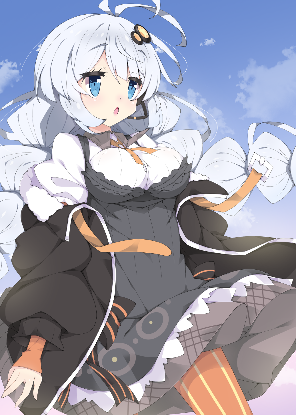 1girl antenna_hair bangs black_jacket blue_eyes blue_sky braid breasts clouds collared_shirt commentary_request day dress eyebrows_visible_through_hair grey_dress hair_between_eyes hair_ornament headset highres jacket kizuna_akari large_breasts long_hair long_sleeves looking_away low_twintails milkpanda open_clothes open_jacket orange_legwear outdoors pantyhose parted_lips puffy_long_sleeves puffy_short_sleeves puffy_sleeves shirt short_sleeves silver_hair sky sleeveless sleeveless_dress solo star striped striped_legwear twin_braids twintails vertical-striped_legwear vertical_stripes very_long_hair voiceroid white_shirt