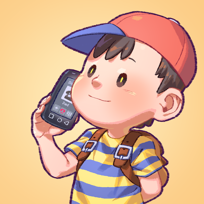 1boy ape_(company) arm_behind_back backpack bag baseball_cap black_eyes black_hair cellphone child closed_mouth earthbound earthbound_(series) hal_laboratory_inc. hat kid male_focus mother_(game) mother_2 ness ness'_father nintendo orange_background phone pockypalooza red_headwear shirt simple_background smartphone solo sora_(company) striped striped_shirt super_smash_bros. t-shirt upper_body yellow_pupils