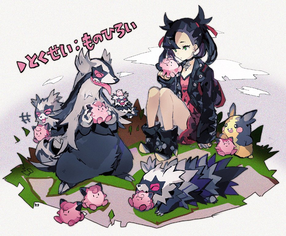 1girl backpack bag black_hair doll dress fangs galarian_form galarian_linoone galarian_zigzagoon gameplay_mechanics gen_8_pokemon green_eyes happy jacket kantarou_(8kan) mary_(pokemon) morpeko pokemon pokemon_(game) pokemon_swsh sitting tongue tongue_out twintails