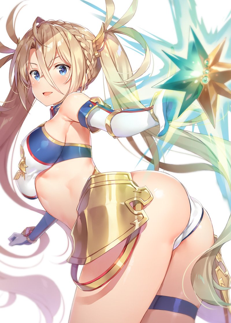 1girl armor ass bangs bare_shoulders blonde_hair blue_eyes blush bradamante_(fate/grand_order) braid breasts clenched_hand commentary_request crown_braid elbow_gloves eyebrows_visible_through_hair fate/grand_order fate_(series) faulds floating floating_object gloves long_hair looking_at_viewer looking_back medium_breasts midriff open_mouth shiny shiny_clothes shiny_hair shiny_skin simple_background sleeveless smile solo thigh_strap thighs tied_hair twintails very_long_hair white_background yuuki_hagure