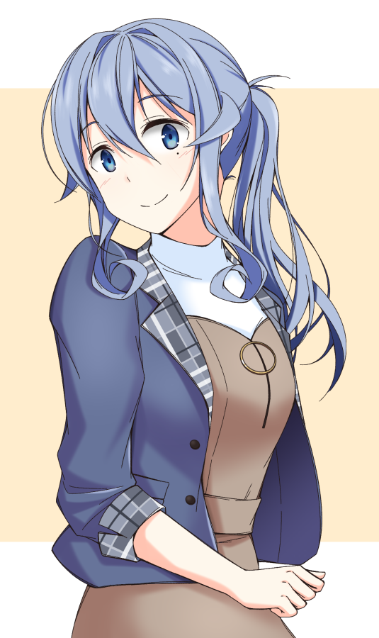 1girl alternate_costume blue_eyes blue_hair blue_jacket brown_dress dress gotland_(kantai_collection) hair_between_eyes head_tilt hishamaru_(hisyamaru3104) jacket kantai_collection long_hair long_sleeves looking_at_viewer mole mole_under_eye shirt sidelocks simple_background solo upper_body white_background white_shirt