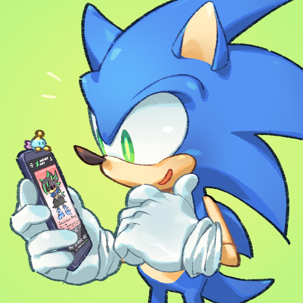 1boy amused animal cellphone chao_(sonic) chin_stroking deviantart furry gloves green_background green_eyes hedgehog highres male_focus mammal original_character phone pockypalooza sega simple_background smartphone solo sonic sonic_team sonic_the_hedgehog sonicluvr100 sora_(company) super_smash_bros. white_gloves yellow_pupils