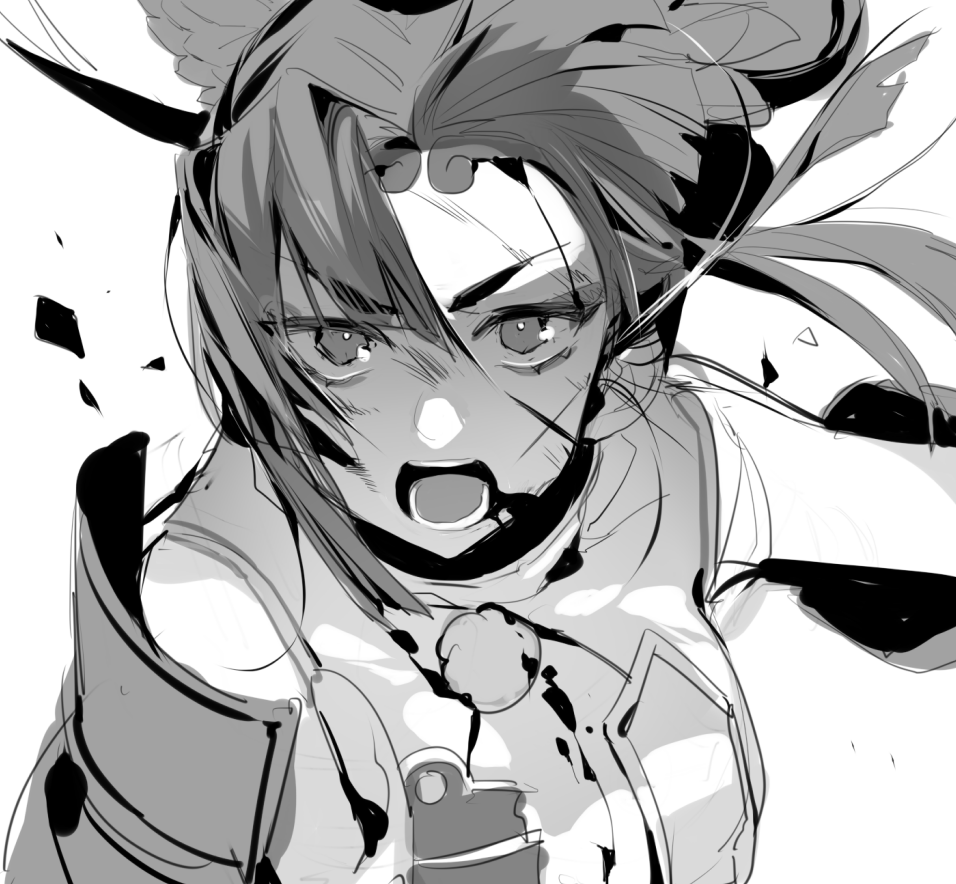 1girl armor bangs bare_shoulders black_hair blood blood_from_mouth blood_on_face bruise_on_face commentary_request detached_sleeves fate/grand_order fate_(series) feathers greyscale hair_feathers japanese_armor looking_at_viewer monochrome open_mouth parted_bangs revealing_clothes side_ponytail sketch tefco ushiwakamaru_(fate/grand_order)
