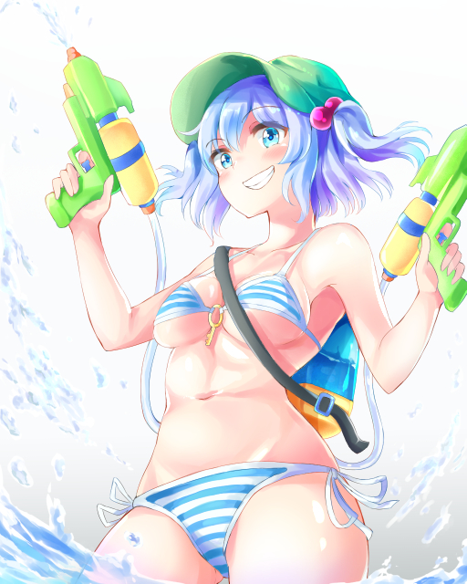 1girl ass_visible_through_thighs bangs bare_arms bikini blue_eyes blue_hair blush breasts commentary_request cowboy_shot dual_wielding eyebrows_visible_through_hair hair_ornament hat holding kawashiro_nitori key looking_at_viewer medium_breasts nagomian navel short_hair side-tie_bikini smile solo striped striped_bikini swimsuit touhou two_side_up water water_gun