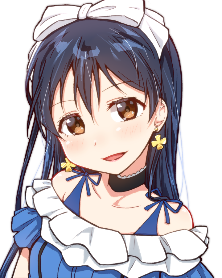 1girl bangs bare_shoulders black_choker blue_dress blue_hair blush bow choker commentary_request dress earrings eyebrows_visible_through_hair frilled_choker frilled_dress frilled_sleeves frills hair_between_eyes hair_bow hair_ornament jewelry long_hair looking_at_viewer love_live! love_live!_school_idol_project open_mouth short_sleeves simple_background skull573 smile solo sonoda_umi white_background white_bow yellow_eyes