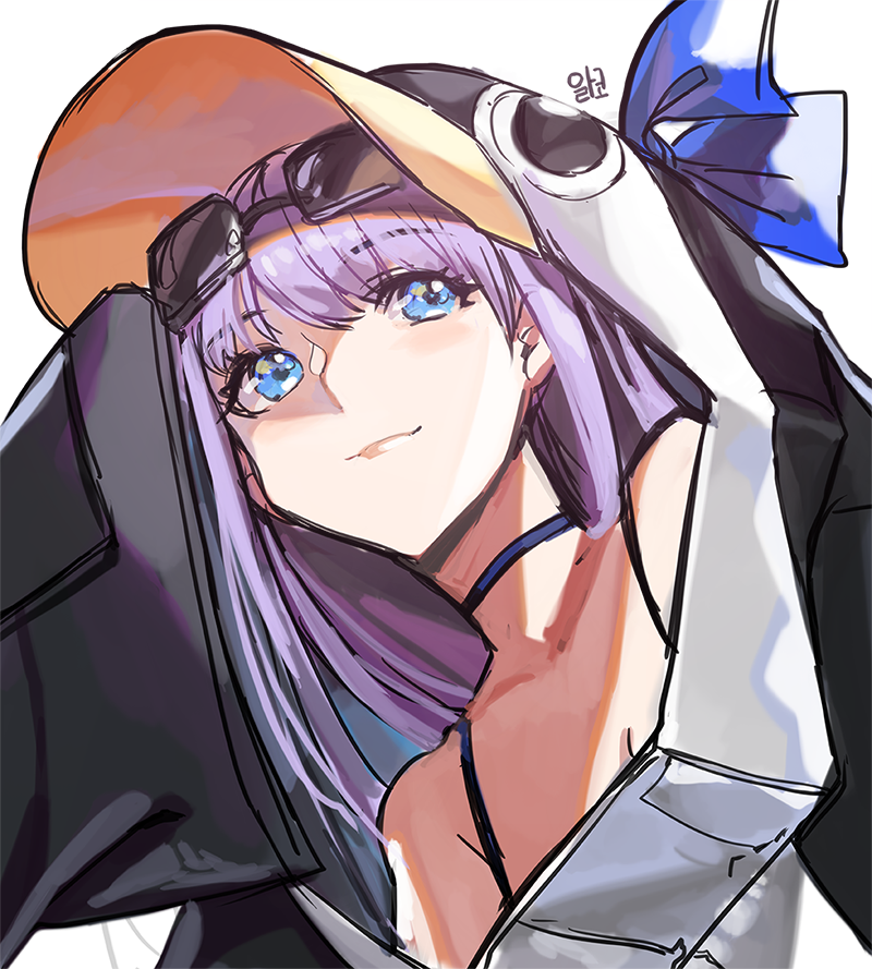 1girl alraco animal_hood bangs bare_shoulders black_jacket blue_bow blue_eyes bow breasts choker closed_mouth collarbone eyewear_on_head fate/grand_order fate_(series) hair_between_eyes hood jacket long_hair long_sleeves meltryllis meltryllis_(swimsuit_lancer)_(fate) penguin_hood purple_hair sleeves_past_fingers sleeves_past_wrists small_breasts smile solo sunglasses very_long_hair