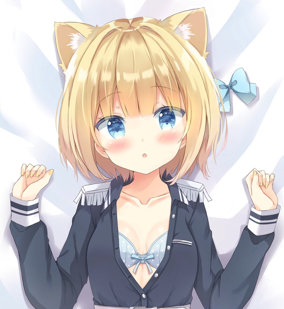 1girl :o animal_ear_fluff animal_ears bed_sheet black_shirt blonde_hair blue_bow blue_bra blue_eyes blush bow bow_bra bra breasts collarbone commentary_request epaulettes fang fox_ears hair_intakes hands_up long_sleeves looking_at_viewer lying nail_polish on_back open_clothes open_shirt parted_lips polka_dot polka_dot_bra rukiroki saeki_sora sasugano_roki shirt sleeves_past_wrists small_breasts solo underwear upper_body virtual_youtuber yellow_nails