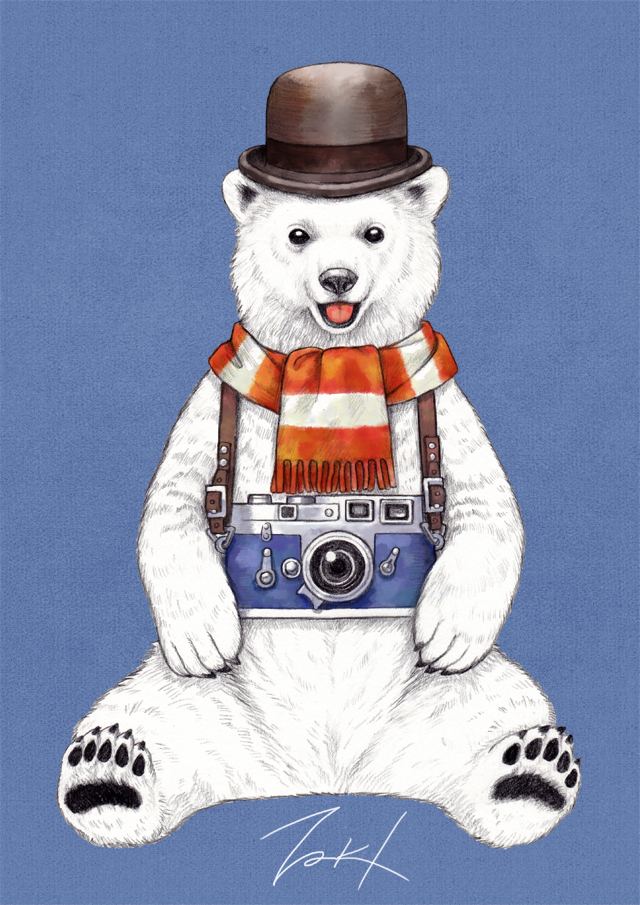 animal bear black_eyes black_headwear blue_background bowler_hat hat looking_at_viewer no_humans open_mouth original polar_bear scarf signature simple_background sitting striped striped_scarf takigraphic