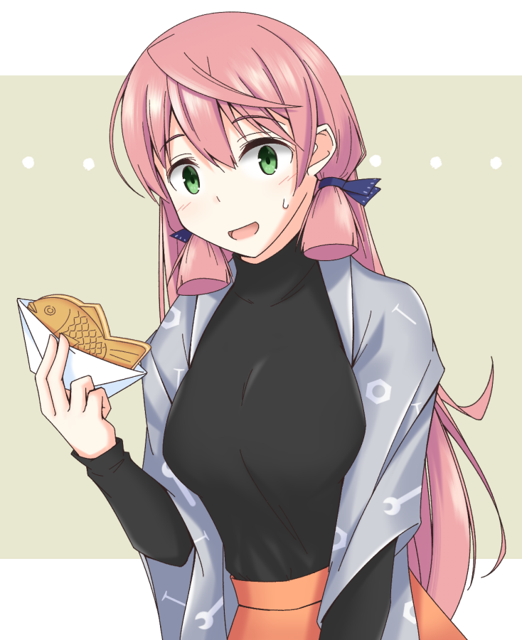 1girl :d akashi_(kantai_collection) alternate_costume black_shirt blush breasts commentary_request eyebrows_visible_through_hair food green_eyes hair_between_eyes hair_ribbon hishamaru_(hisyamaru3104) holding holding_food kantai_collection large_breasts long_hair looking_at_viewer open_mouth orange_skirt pink_hair ribbon shirt sidelocks skirt smile solo taiyaki tress_ribbon upper_body wagashi