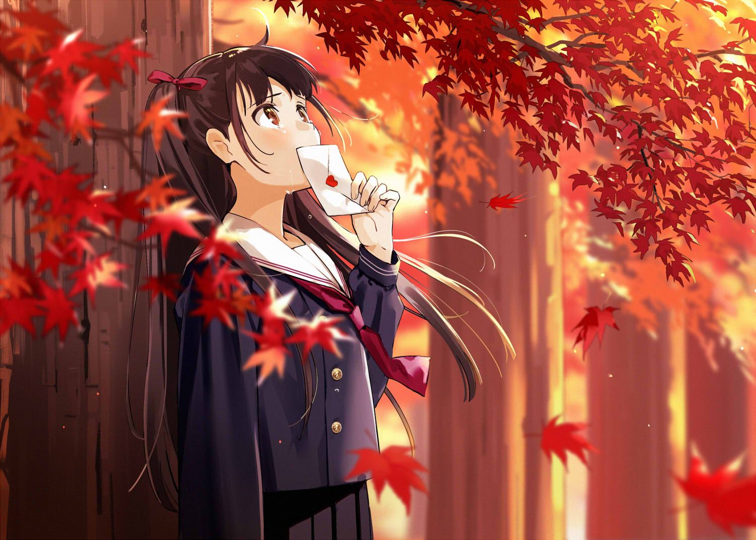 1girl autumn_leaves bangs black_serafuku black_shirt black_skirt blurry blurry_background blurry_foreground blush bow brown_eyes brown_hair commentary_request depth_of_field envelope eyebrows_visible_through_hair hair_bow hand_up heart holding holding_envelope leaf long_hair long_sleeves looking_away looking_up maple_leaf one_side_up original outdoors pleated_skirt red_bow red_neckwear sailor_collar school_uniform serafuku shirt skirt solo sunset tears tree tree_branch urata_asao very_long_hair white_sailor_collar