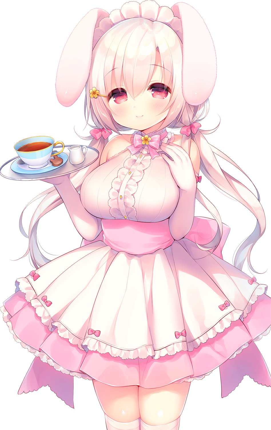 1girl animal_ears apron bangs bare_shoulders blush bow breasts center_frills closed_mouth commentary_request cup elbow_gloves eyebrows_visible_through_hair flower frills gloves hair_between_eyes hair_bow hands_up highres holding holding_tray jug large_breasts long_hair looking_at_viewer low_twintails original pink_bow pink_skirt pleated_skirt rabbit_ears red_eyes saucer shirt simple_background skindentation skirt sleeveless sleeveless_shirt smile solo spoon tea teacup thigh-highs tray twintails usashiro_mani very_long_hair white_apron white_background white_gloves white_hair white_legwear white_shirt yellow_flower