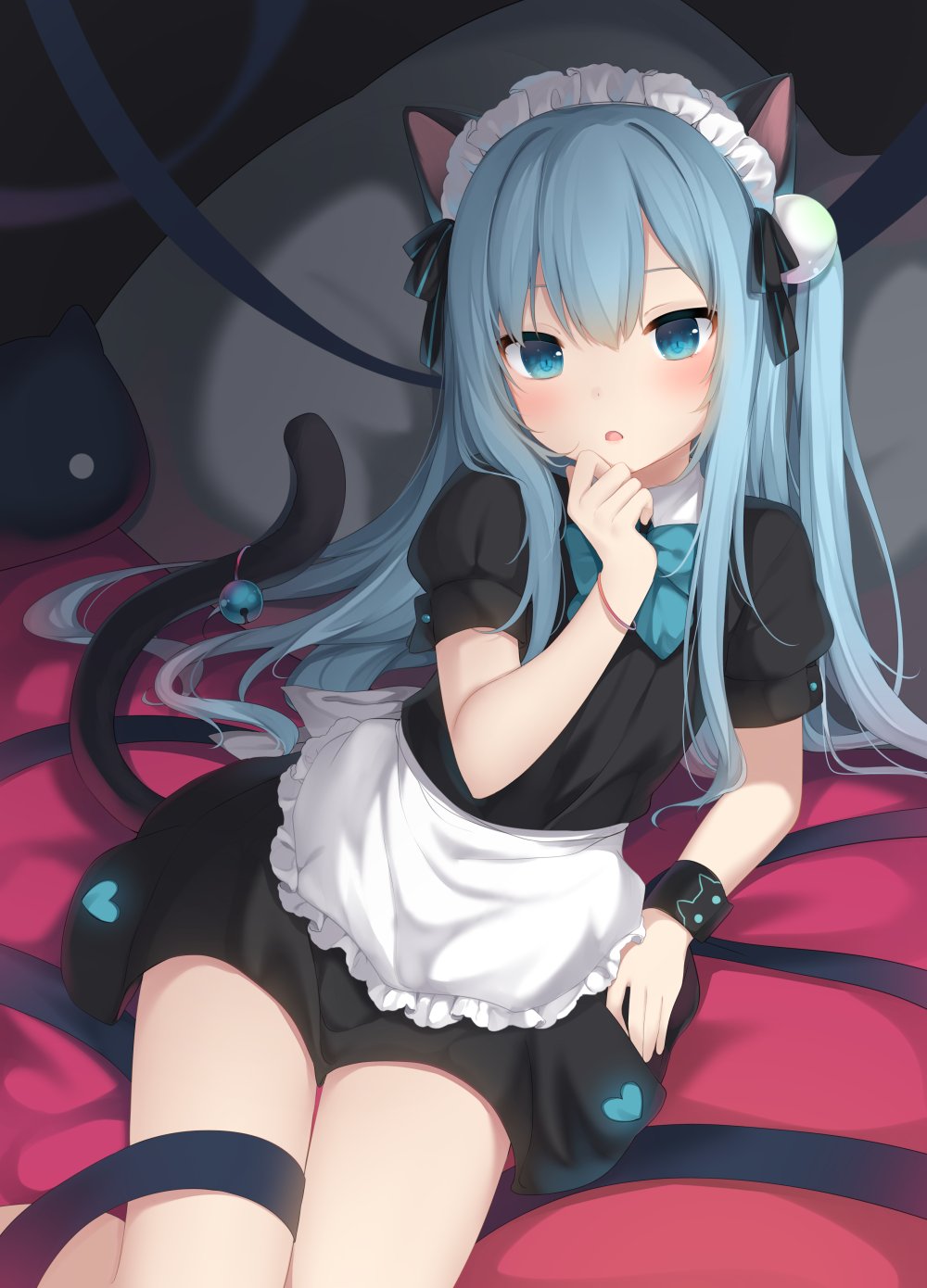 1girl :o alternate_costume amashiro_natsuki animal_ears apron bangs bed_sheet bell black_dress blue_eyes blue_hair blush cat_ears cat_girl cat_tail collared_dress commentary_request dress enmaided eyebrows_visible_through_hair frilled_apron frills hair_between_eyes hair_ornament hand_up heart highres jingle_bell long_hair maid maid_headdress nekoha_shizuku one_side_up original parted_lips puffy_short_sleeves puffy_sleeves short_sleeves single_wrist_cuff solo tail tail_bell tail_raised very_long_hair waist_apron white_apron wrist_cuffs