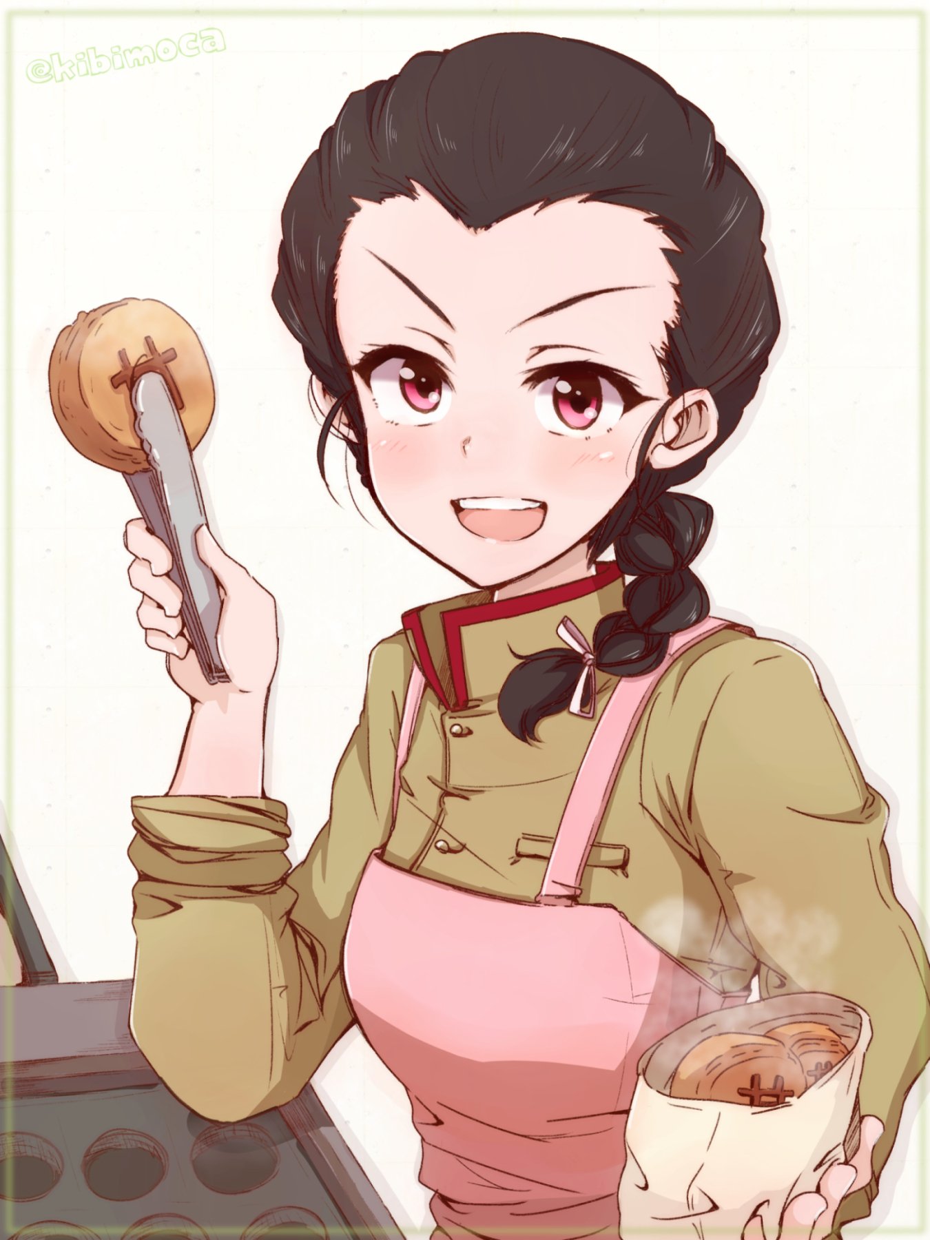 1girl alternate_eye_color apron black_hair border braid brown_jacket chi-hatan_school_uniform commentary food girls_und_panzer green_border hair_over_shoulder hair_pulled_back hair_ribbon high_collar highres holding holding_food jacket kibimoka long_hair long_sleeves looking_at_viewer offering open_mouth pink_apron ribbon school_uniform single_braid sleeves_rolled_up smile solo steam tamada_(girls_und_panzer) tongs twitter_username violet_eyes white_ribbon