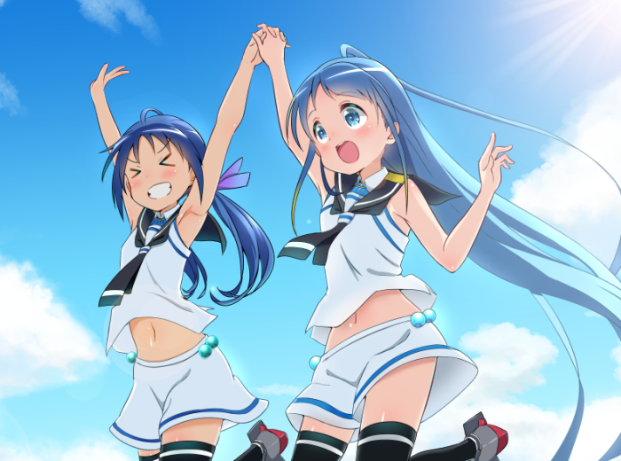 &gt;_&lt; 2girls :d arms_up bare_arms black_legwear black_neckwear blonde_hair blue_eyes blue_hair clouds cloudy_sky commentary_request eyebrows_visible_through_hair gradient_hair hair_ribbon holding_hands jumping kantai_collection long_hair multicolored_hair multiple_girls navel open_mouth ribbon sailor_collar samidare_(kantai_collection) shirt skirt sky sleeveless sleeveless_shirt smile sun suzukaze_(kantai_collection) thigh-highs twintails v-shaped_eyebrows very_long_hair white_serafuku white_shirt white_skirt xd yokoshima_(euphoria) zettai_ryouiki