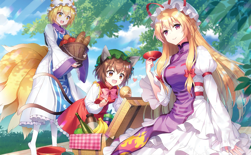 3girls :d animal_ear_fluff animal_ears artist_request baguette banana bangs basket blonde_hair blue_sky blush blush_stickers bottle bow bowl bowtie bread breasts brown_eyes brown_hair cat_ears cat_tail chen clouds cup day dress fang food fox_tail frilled_sleeves frills fruit grass green_headwear hair_between_eyes hair_bow hand_up hat hat_ribbon holding holding_basket holding_cup holding_food juliet_sleeves kneeling layered_dress light_rays long_sleeves looking_at_viewer medium_breasts mob_cap multiple_girls multiple_tails nekomata no_shoes open_mouth outdoors petticoat picnic picnic_basket pillow_hat pink_bow pink_neckwear puffy_sleeves red_bow red_dress red_ribbon ribbon sakazuki short_hair sidelocks sitting sky smile socks standing tabard tail tomato touhou touhou_cannonball two_tails white_dress white_legwear wide_sleeves yakumo_ran yakumo_yukari yellow_eyes