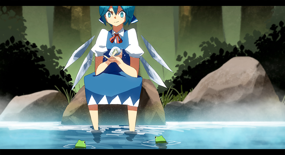 1girl animal bangs blue_bow blue_dress blue_eyes blue_hair blush bow cirno closed_mouth collared_shirt day dress elbow_rest elbows_on_knees frog frozen frozen_frog grass hair_between_eyes hair_bow hands_up holding holding_animal ice ice_wings in_water lemonice letterboxed long_dress looking_at_another neck_ribbon outdoors partially_submerged pinafore_dress puffy_short_sleeves puffy_sleeves red_ribbon ribbon rock shirt short_hair short_sleeves sidelocks sitting sitting_on_rock smile solo touhou water white_shirt wings