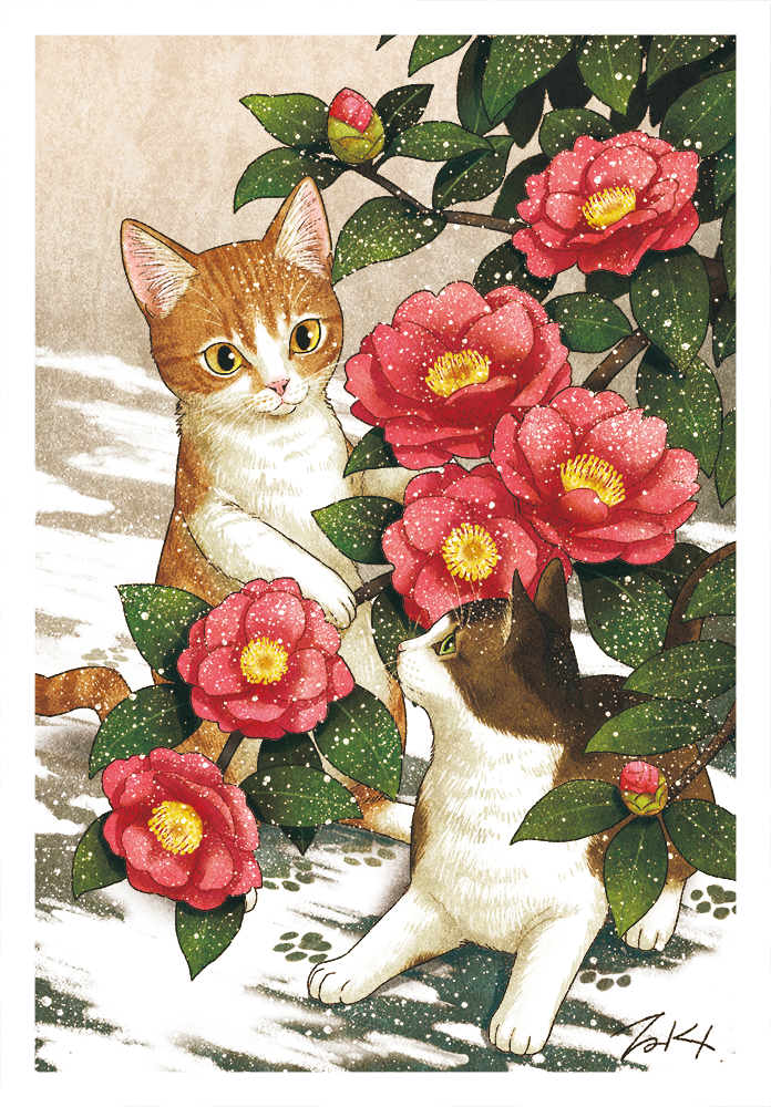 animal branch cat cat_focus flower green_eyes leaf looking_at_another no_humans original paw_print pink_flower plant signature snowing takigraphic yellow_eyes