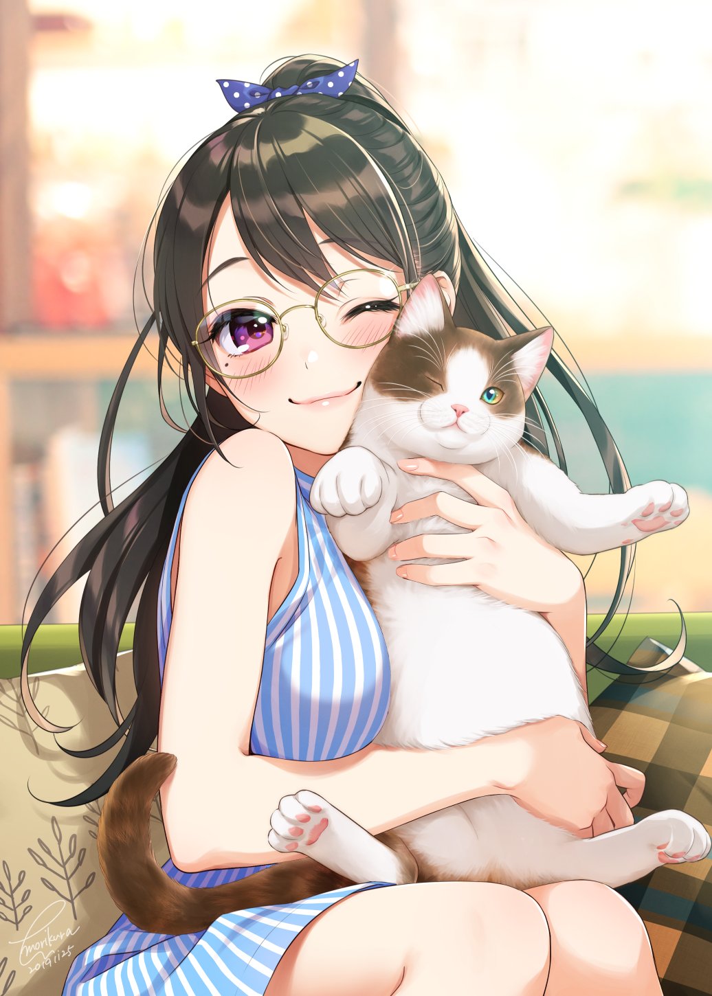 1boy 1girl ;) animal bangs bare_arms bare_shoulders blue_dress blue_ribbon blurry blurry_background blush cat closed_mouth commentary_request couch dated depth_of_field dress glasses hair_ribbon high_ponytail highres hug long_hair looking_at_viewer mole mole_under_eye morikura_en on_couch one_eye_closed original pillow polka_dot_ribbon ribbon round_eyewear signature sitting sleeveless sleeveless_dress smile solo striped vertical-striped_dress vertical_stripes yellow-framed_eyewear
