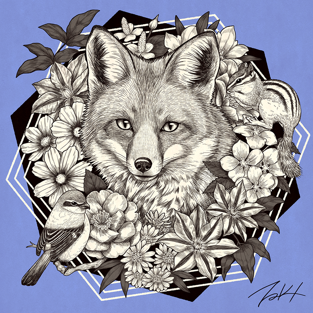 animal bird blue_background flower fox greyscale hexagon leaf looking_at_viewer monochrome no_humans original signature simple_background squirrel takigraphic