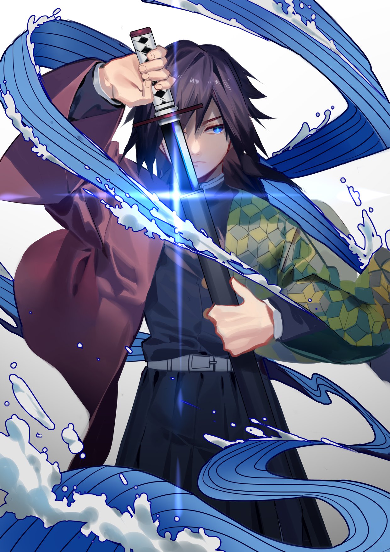 1boy aura belt blue_eyes closed_mouth hakama haori highres japanese_clothes katana kimetsu_no_yaiba looking_to_the_side sheath sword tefco tomioka_giyuu uniform unsheathing water weapon white_belt