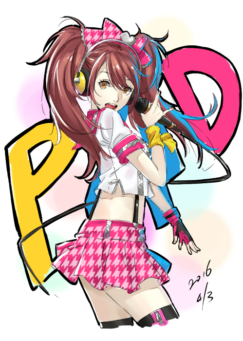 1girl bare_shoulders black_panties boots bow breasts brown_hair choker dakimakura english_text hair_bow headphones high_heels kujikawa_rise long_hair looking_back lying medium_breasts off_shoulder on_stomach panties persona persona_4 persona_4:_dancing_all_night persona_dancing pleated_skirt skirt solo strap_slip thigh-highs thigh_boots twintails underwear werkbau yellow_eyes