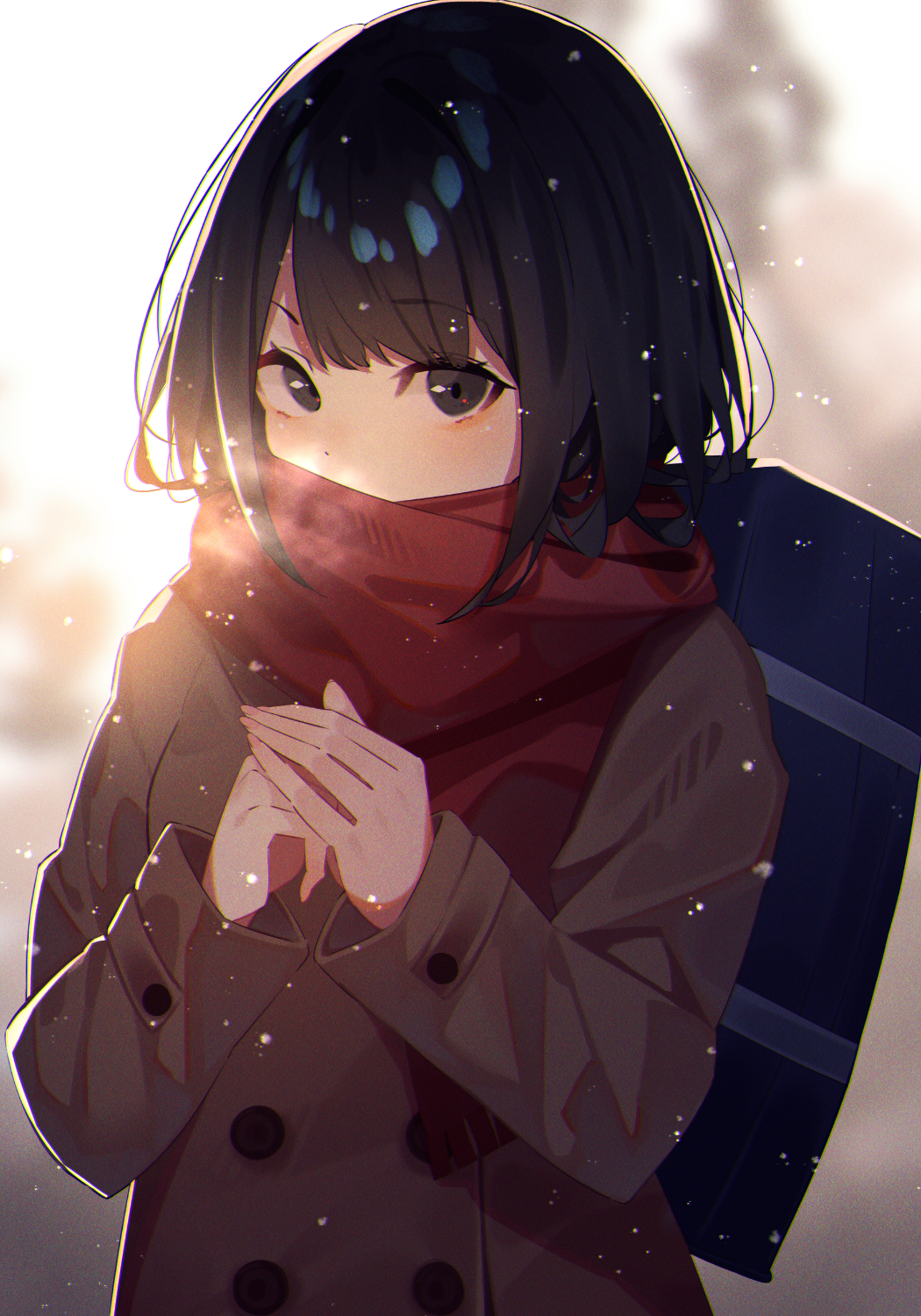 1girl bag bangs black_eyes black_hair blurry blurry_background blush breath brown_coat coat commentary_request depth_of_field double-breasted eyebrows_visible_through_hair highres kisui_(28992125) long_sleeves looking_at_viewer original own_hands_together red_scarf scarf scarf_over_mouth school_bag short_hair snowing solo upper_body