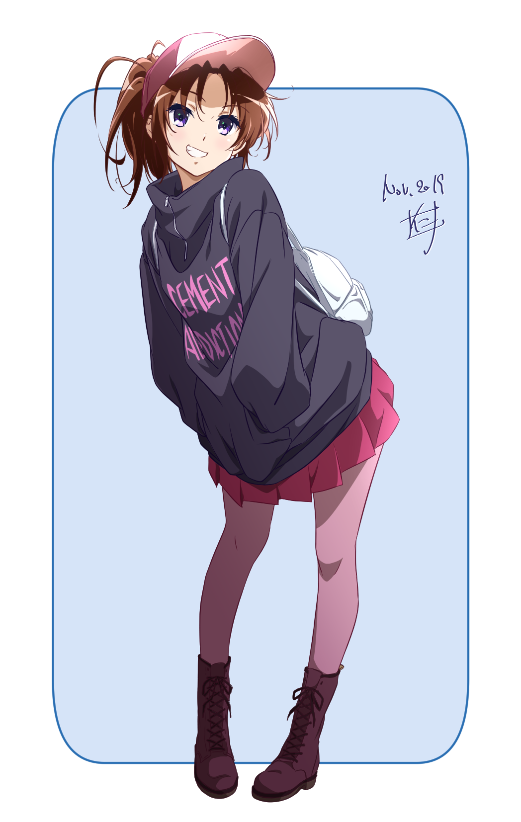 1girl :d backpack bag bangs baseball_cap black_sweater blue_background boots brown_hair casual clothes_writing cross-laced_footwear dated eyebrows_visible_through_hair full_body grin hands_in_pockets hat hibike!_euphonium high_collar highres knee_boots lace-up_boots leaning_to_the_side long_sleeves looking_at_viewer miniskirt nakagawa_natsuki nii_manabu open_mouth pantyhose parted_bangs pink_headwear pink_legwear pink_skirt pleated_skirt ponytail purple_footwear short_hair signature skirt smile solo standing sweater teeth two-tone_background violet_eyes zipper