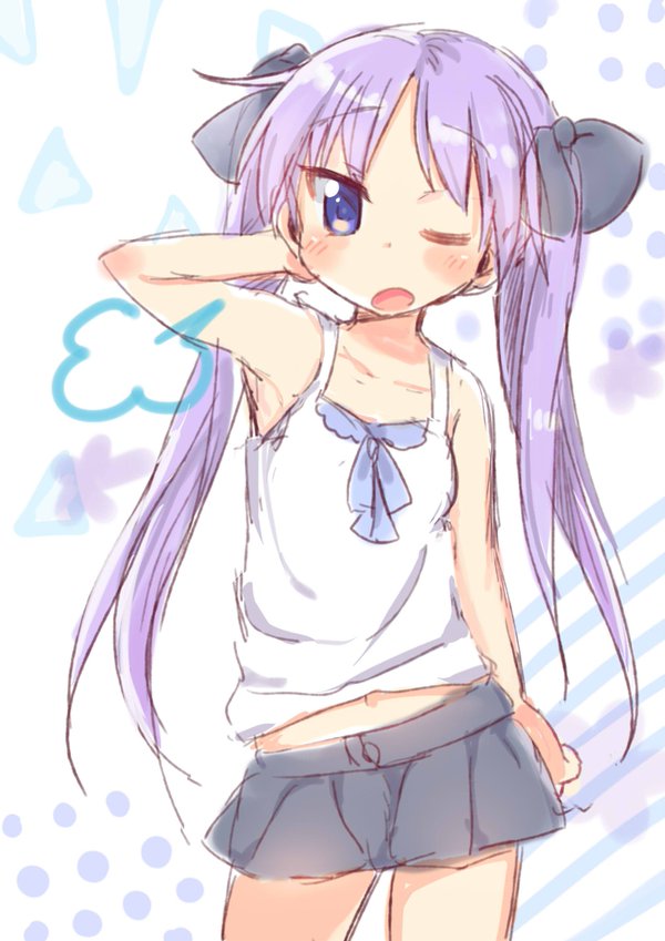 1girl =3 arm_behind_back armpits bangs blue_ribbon blush bow collarbone commentary_request cowboy_shot eyebrows_visible_through_hair frilled_skirt frills hair_bow hair_ornament hiiragi_kagami long_hair looking_at_viewer lucky_star navel one_eye_closed open_mouth purple_hair ribbon shirt sketch skirt solo tatsunokosso twintails violet_eyes white_background white_shirt