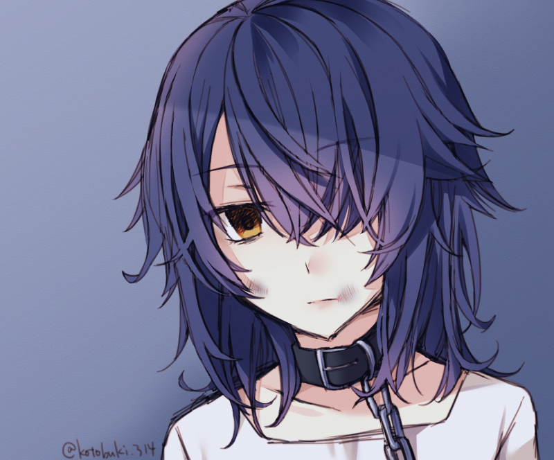 1girl artist_name blue_background brown_eyes bruise bruise_on_face chain closed_mouth collar collarbone empty_eyes expressionless eyebrows_visible_through_hair gradient gradient_background hair_over_one_eye injury kantai_collection kotobuki_(momoko_factory) looking_at_viewer medium_hair purple_hair shirt simple_background slave solo tenryuu_(kantai_collection) twitter_username upper_body white_shirt