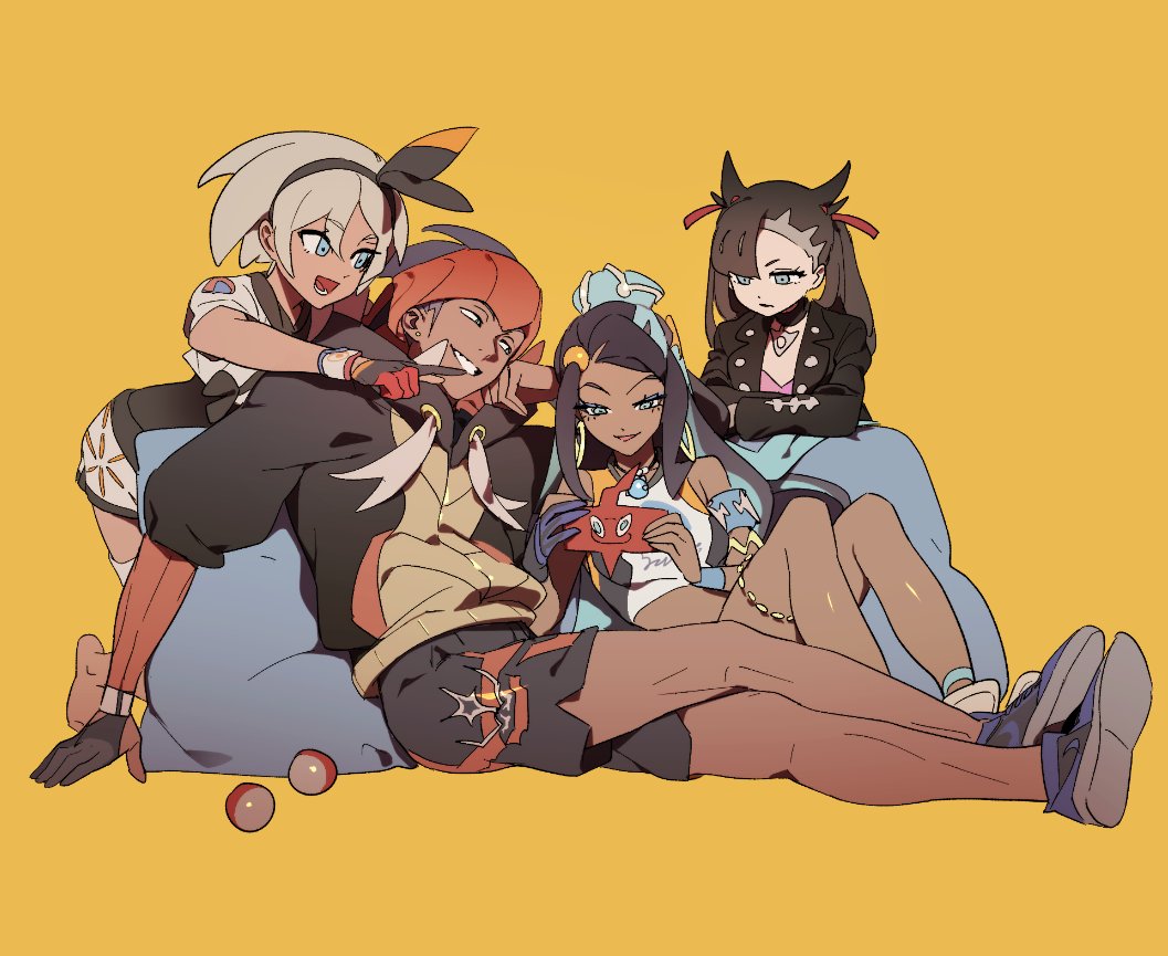 1boy 3girls armlet black_hair blue_eyes blue_hair bodysuit bodysuit_under_clothes choker dark_skin dark_skinned_male dress earrings gloves grey_hair gym_leader hairband hoop_earrings jacket jewelry kibana_(pokemon) long_hair mary_(pokemon) multicolored_hair multiple_girls open_mouth orange_headwear pokemon pokemon_(game) pokemon_swsh rotom rurina_(pokemon) saitou_(pokemon) short_hair shorts single_glove smile twintails two-tone_hair zaket07