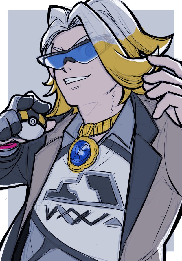 1boy eyes_visible_through_hair gold_necklace grey_background gym_leader holding holding_poke_ball jewelry kiritani846 looking_at_viewer makuwa_(pokemon) male_focus poke_ball pokemon pokemon_(game) pokemon_swsh simple_background solo sunglasses two-tone_jacket ultra_ball upper_body