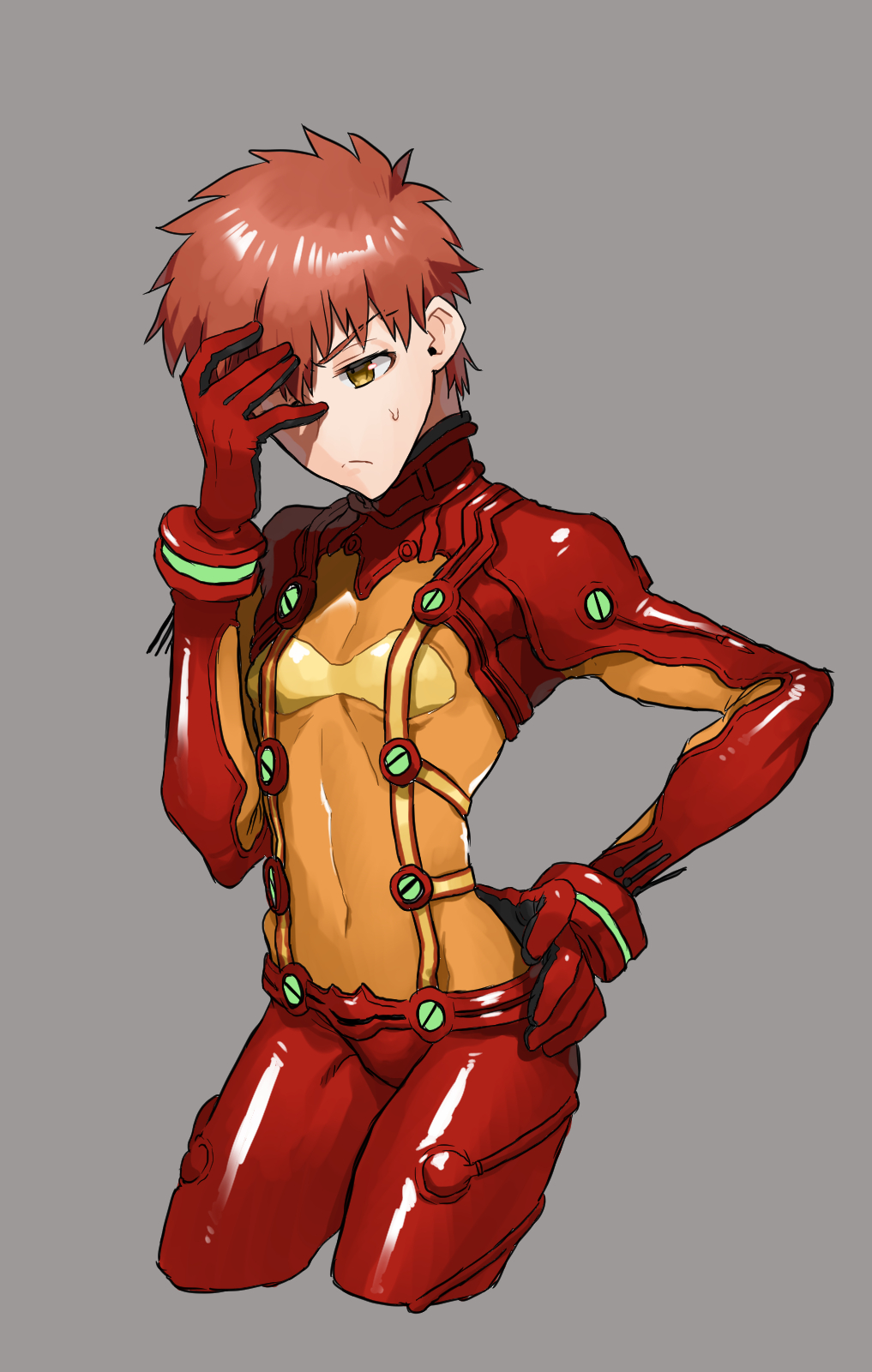 1boy bodysuit brown_hair closed_mouth cosplay covered_navel cowboy_shot cropped_legs crossdressinging embarrassed emiya_shirou evangelion:_3.0_you_can_(not)_redo fate/stay_night fate_(series) gloves grey_background hand_on_hip hand_on_own_face highres kmk looking_away male_focus messy_hair multicolored multicolored_clothes neon_genesis_evangelion orange_bodysuit plugsuit rebuild_of_evangelion red_bodysuit red_gloves shikinami_asuka_langley shikinami_asuka_langley_(cosplay) shiny shiny_clothes shiny_hair simple_background solo souryuu_asuka_langley yellow_eyes