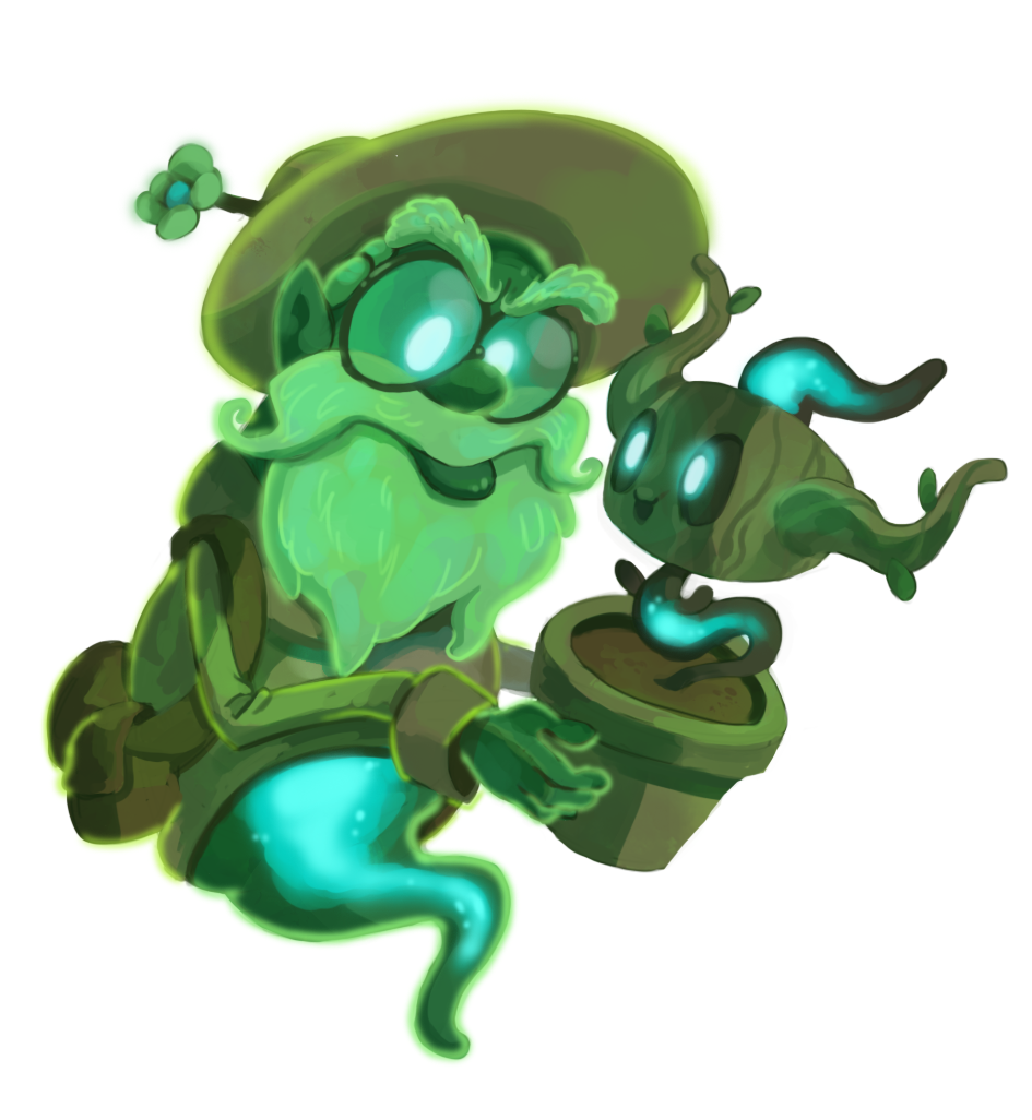 backpack bag beard brown_headwear doctor_potter drawfag facial_hair flower gen_6_pokemon ghost glasses glowing glowing_eyes hat hat_flower long_sleeves luigi's_mansion phantump plant pokemon pokemon_(creature) potted_plant simple_background white_background white_hair