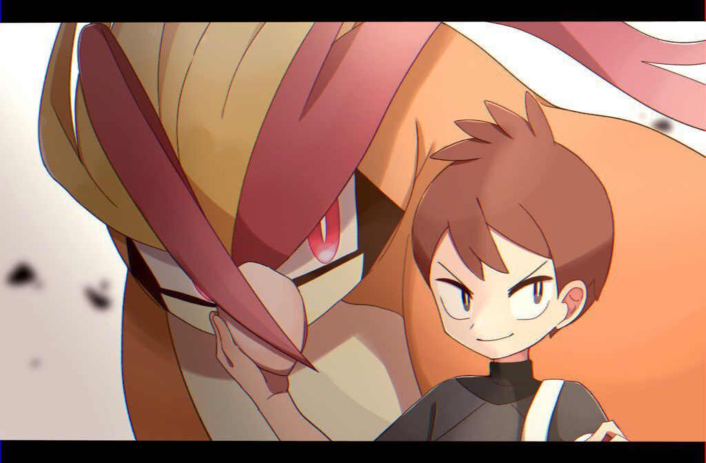 1boy backpack bag black_shirt brown_eyes brown_hair glowing glowing_eyes letterboxed pidgeot pokemon pokemon_(game) pokemon_lgpe shin_(pokemon) shirt short_hair smile smirk turtleneck