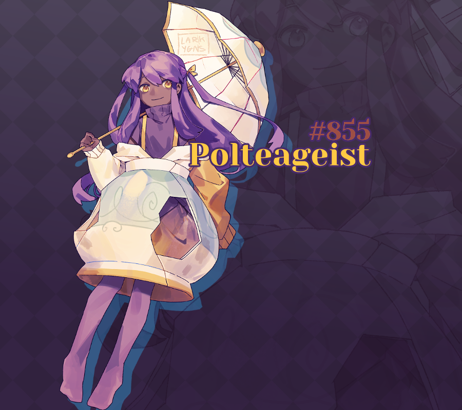 1girl artist_name character_name dark_skin full_body long_hair long_sleeves mncpa over_shoulder parasol personification pokemon pokemon_(game) pokemon_number pokemon_swsh polteageist purple_hair purple_legwear sidelocks skirt two_side_up umbrella white_skirt white_umbrella yellow_eyes zoom_layer