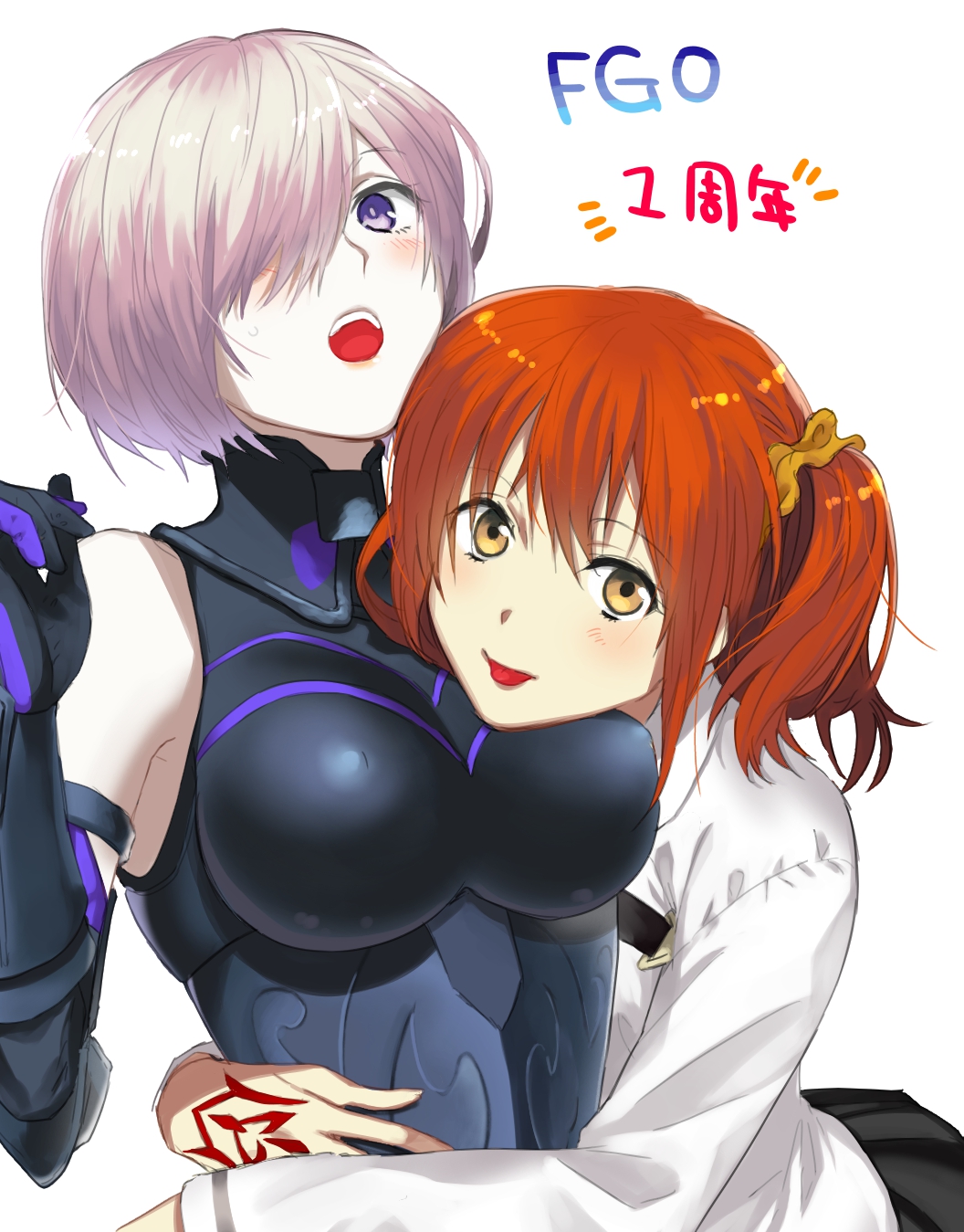 2girls bangs black_gloves black_skirt breasts brown_hair copyright_name covered_nipples elbow_gloves fate/grand_order fate_(series) fujimaru_ritsuka_(female) gloves hair_between_eyes hair_ornament hair_over_one_eye hair_scrunchie highres hug jacket large_breasts long_sleeves looking_at_viewer mai0124 mash_kyrielight medium_hair multiple_girls one_side_up open_mouth pleated_skirt scrunchie shiny shiny_hair short_hair silver_hair skirt tongue tongue_out violet_eyes white_background white_jacket yellow_eyes yellow_scrunchie yuri