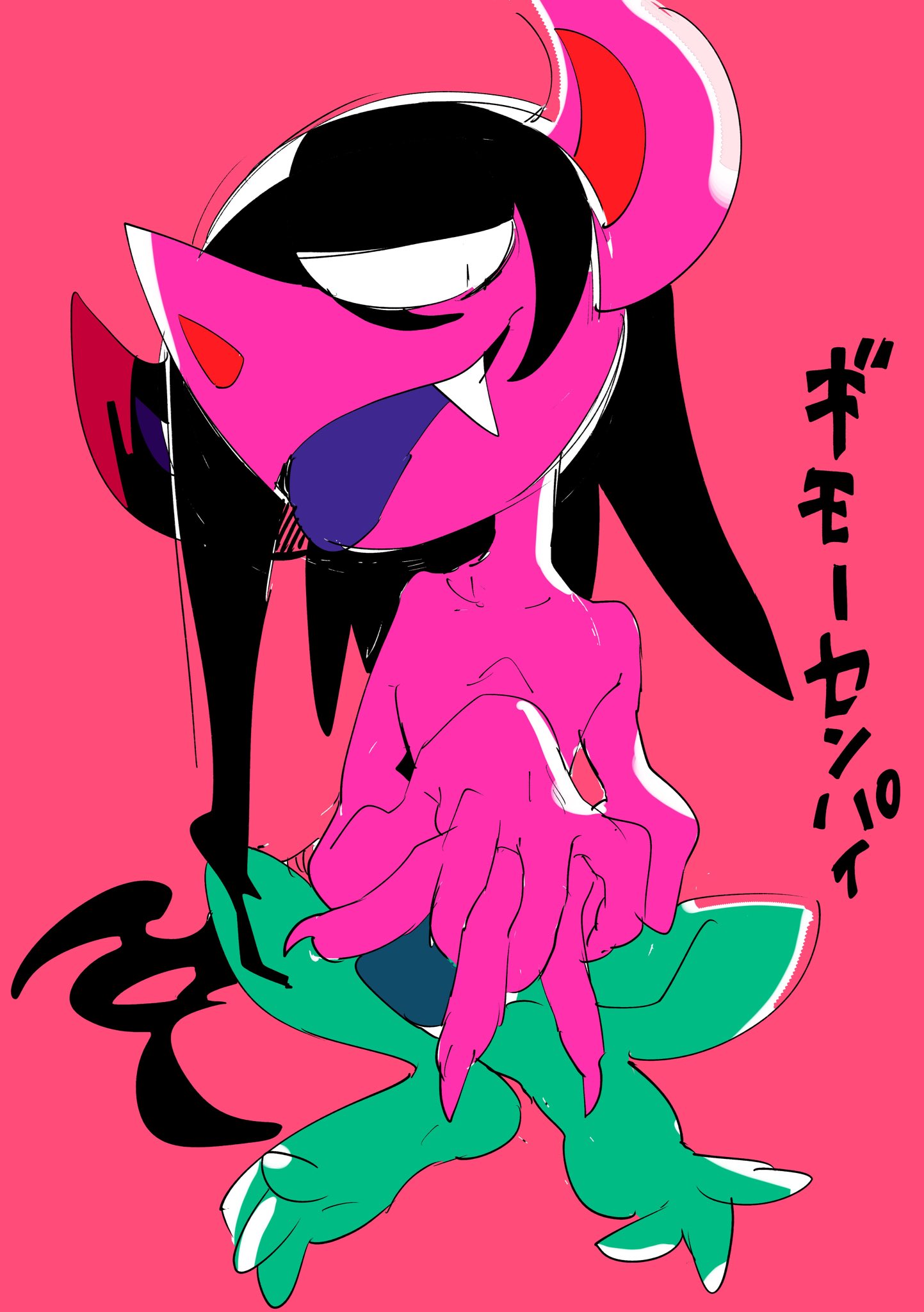 black_hair fangs g6_(jiiroku) gen_8_pokemon highres interlocked_fingers long_hair looking_at_viewer morgrem no_humans pink_background pokemon pokemon_(creature) purple_tongue simple_background sitting solo tongue tongue_out