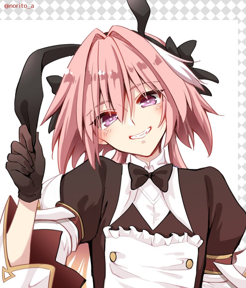 1boy asazuki_norito astolfo_(fate) astolfo_(saber)_(fate) bangs black_bow black_dress black_gloves black_neckwear black_ribbon blush bow bowtie buttons dress fate/grand_order fate_(series) gloves grin hair_between_eyes hair_bow hair_intakes hair_ribbon juliet_sleeves long_hair long_sleeves looking_at_viewer low_twintails multicolored_hair otoko_no_ko pink_hair puffy_sleeves ribbon smile solo streaked_hair twintails twitter_username violet_eyes white_hair wide_sleeves wing_collar