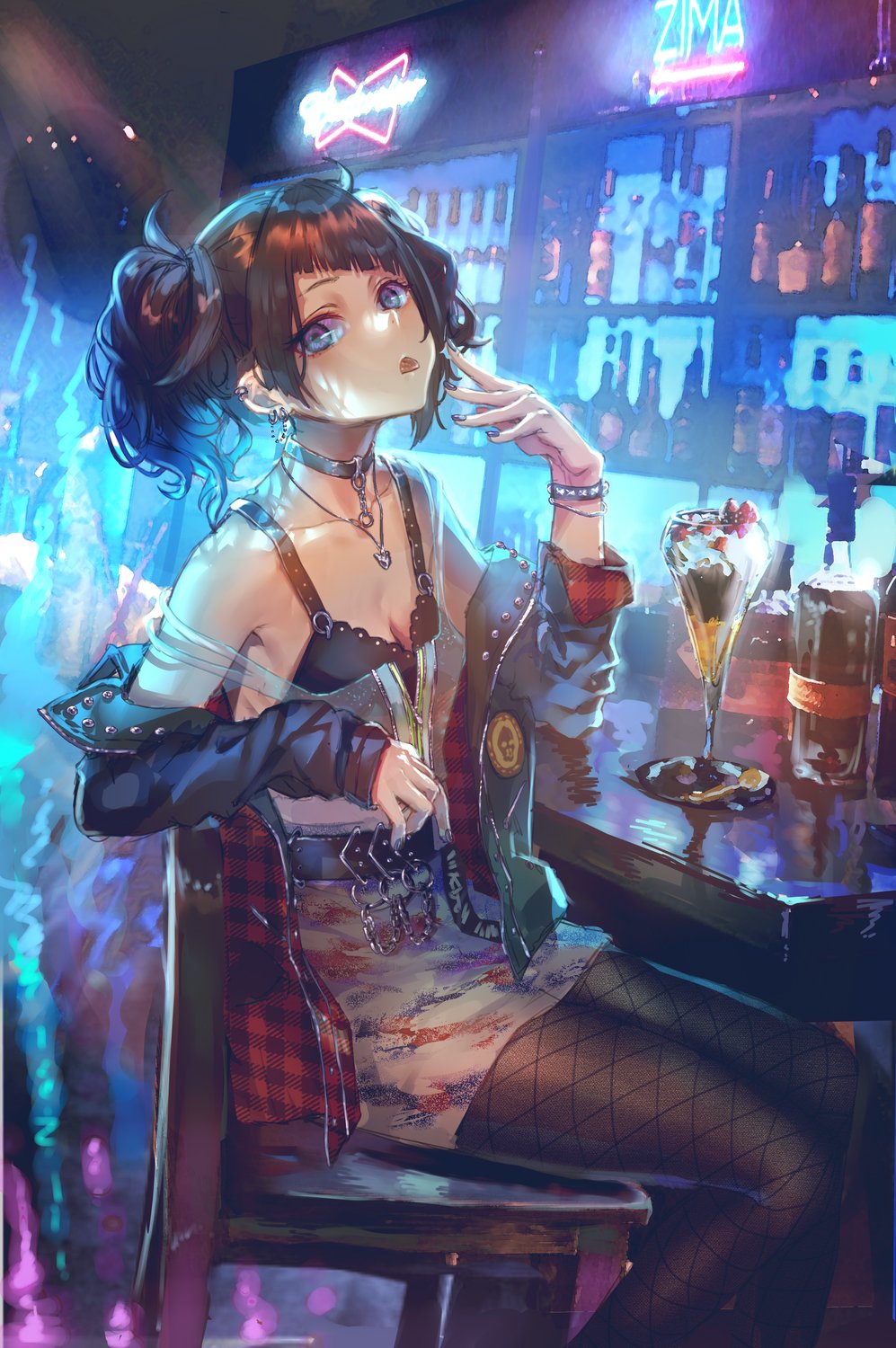 alcohol bangs bar black_choker bottle chain chair choker counter diagonal_bangs earrings highres idolmaster idolmaster_shiny_colors indoors jacket jewelry leather leather_bra leather_jacket looking_at_viewer miniskirt off_shoulder pantyhose purple_nails roki_(0214278) short_twintails sitting skirt tanaka_mamimi twintails